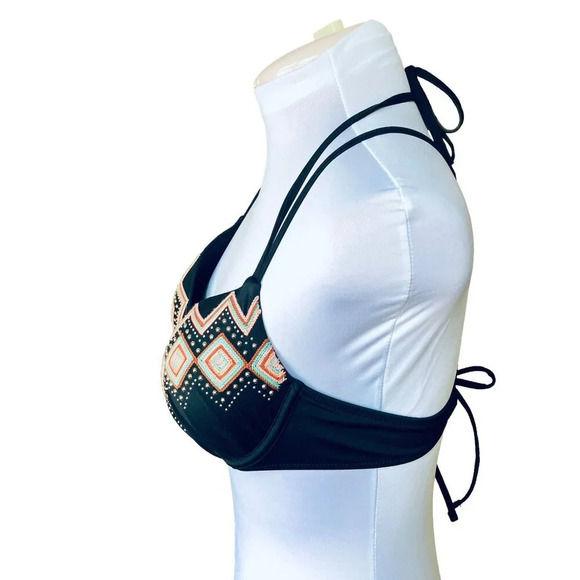 Shade & Shore Bikini Swim Top, 36B, Halter, Black w Studs Embroidery Underwire - Picture 5 of 10